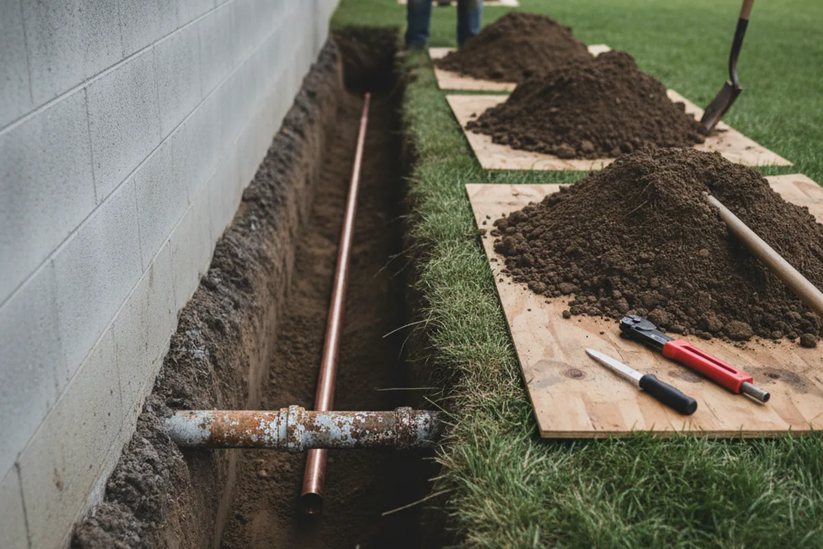 Excavated water line trench during Water Softener Installation in Gladstone